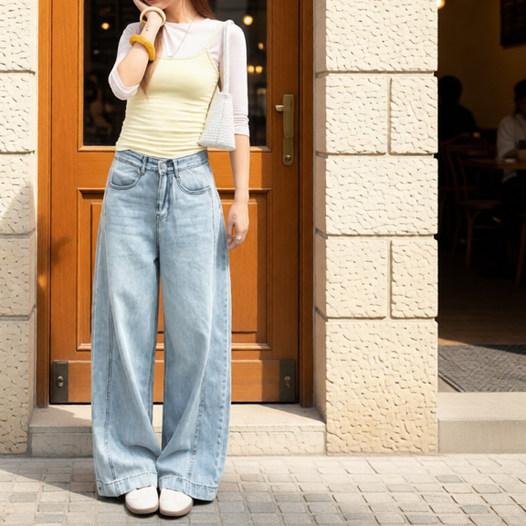 Quần Jeans nữ form dáng ống rộng có viền sọc giữa phong cách basic Hàn Quốc
