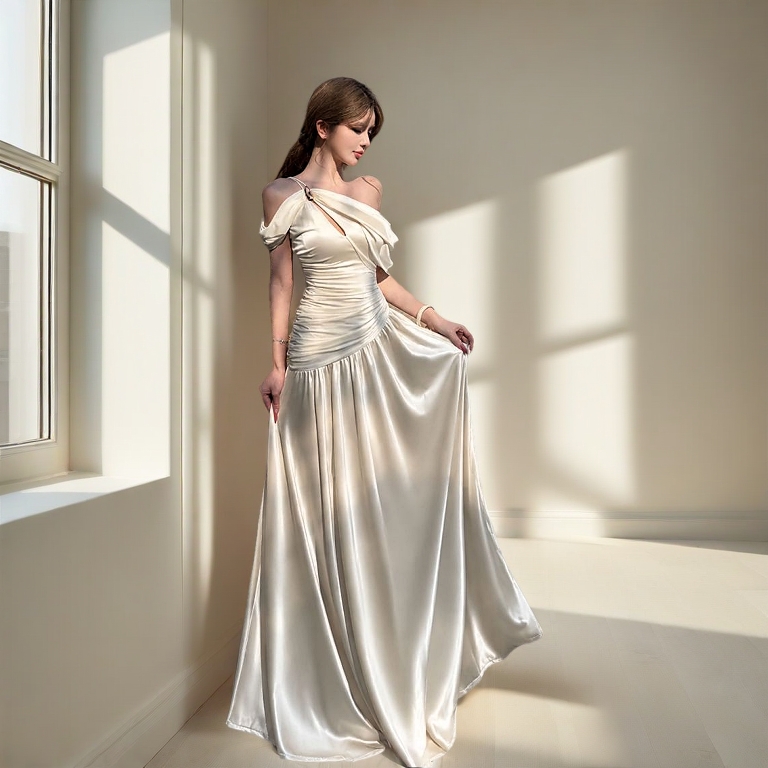 Đầm Lụa Dạ Hội Lệch Vai Dáng Xoè Mềm Mại Tôn Dáng Sang Trọng NV837 Váy Lụa Dang Maxi Cách Điệu Nhúng Eo