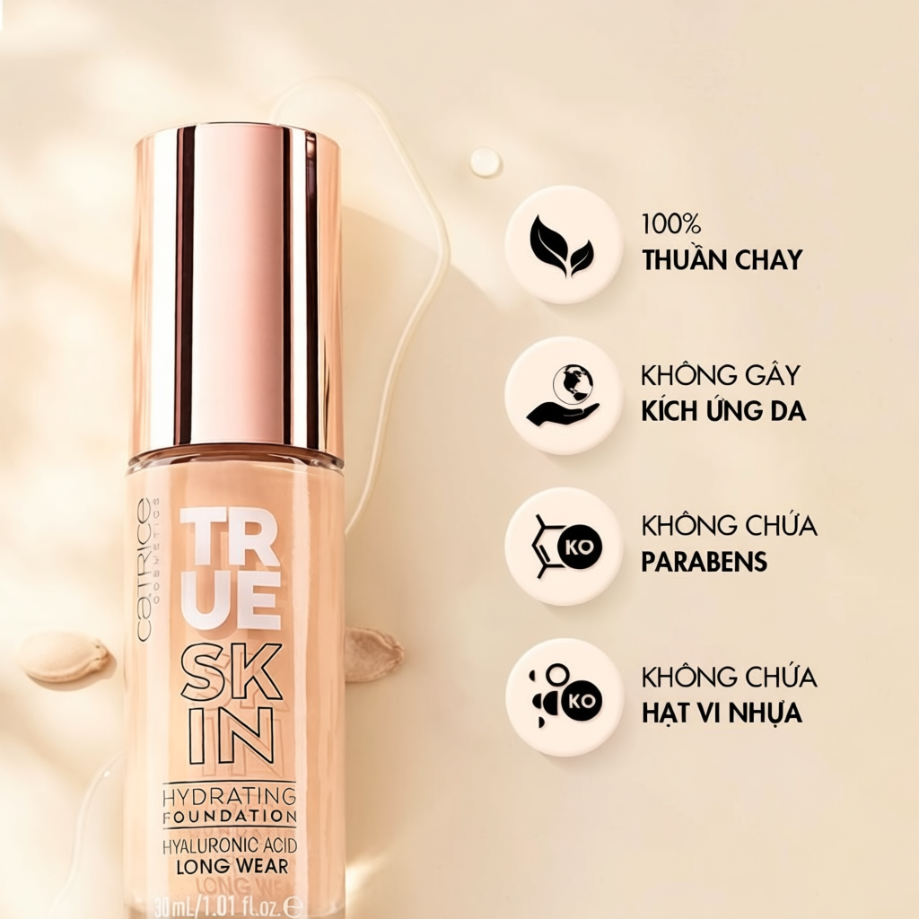 Kem nền dưỡng ẩm Catrice True Skin Hydrating Foundation cấp ẩm và che khuyết điểm tối ưu 30ml