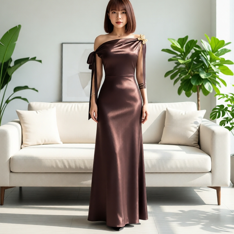 SHELLA DRESS | Đầm lụa lệch vai, chất phi lụa size S M L may 2 lớp form chuẩn thiết kế