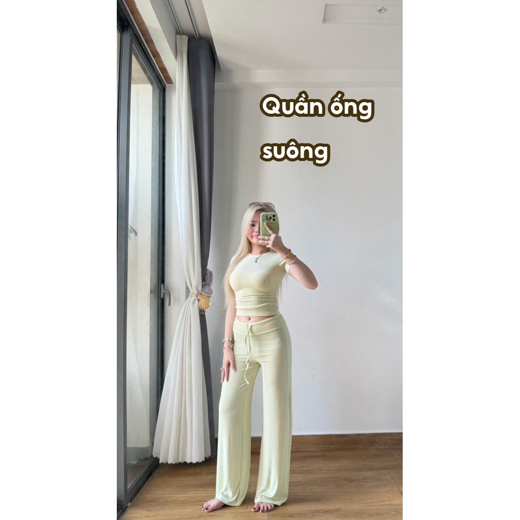 Signature Set Body Fit Áo Ôm Dáng Tay Ngắn & Quần Dài Ống Suông Có Dây Rút Chất Liệu Thun Co Giãn  Mềm Mịn Tôn Dáng