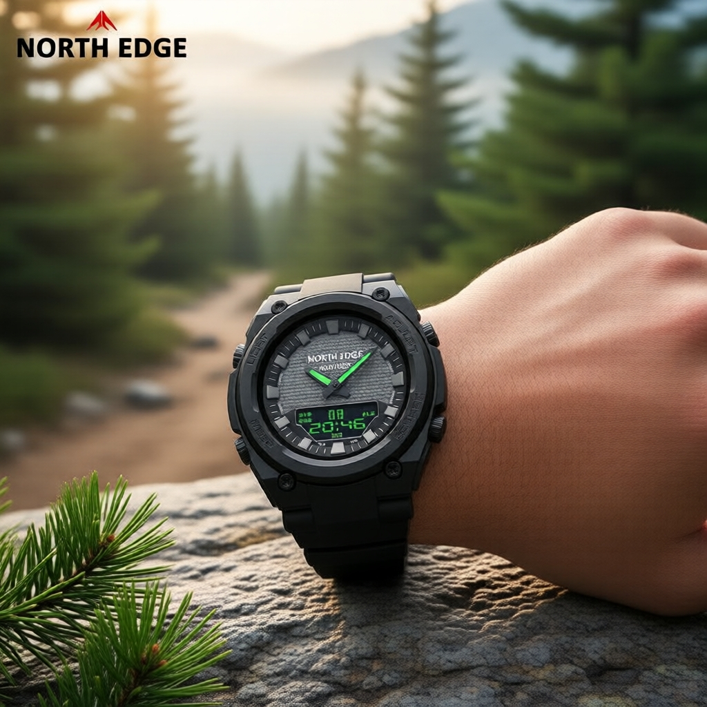 NORTH EDGE FORTRESS Đồng hồ số nam 46mm, chịu nước 50M, chống sốc, màn hình kép, kim phát sáng, đếm 