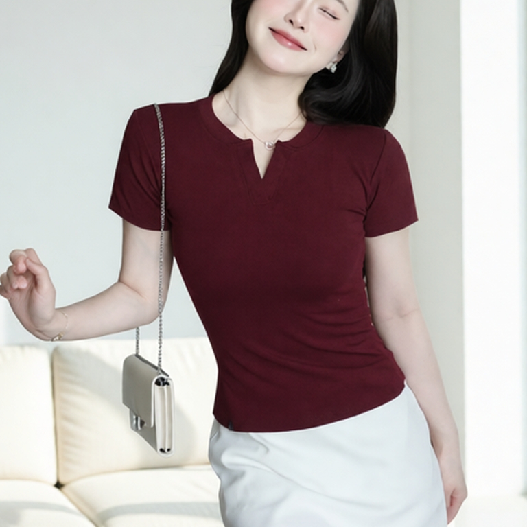 Áo Thun Nữ Ôm Body JUSTDUN E44 – Cổ Trụ Tàu Tay Ngắn, Vải Cotton Mềm Mịn Co Giãn 4 Chiều, Thoáng Mát
