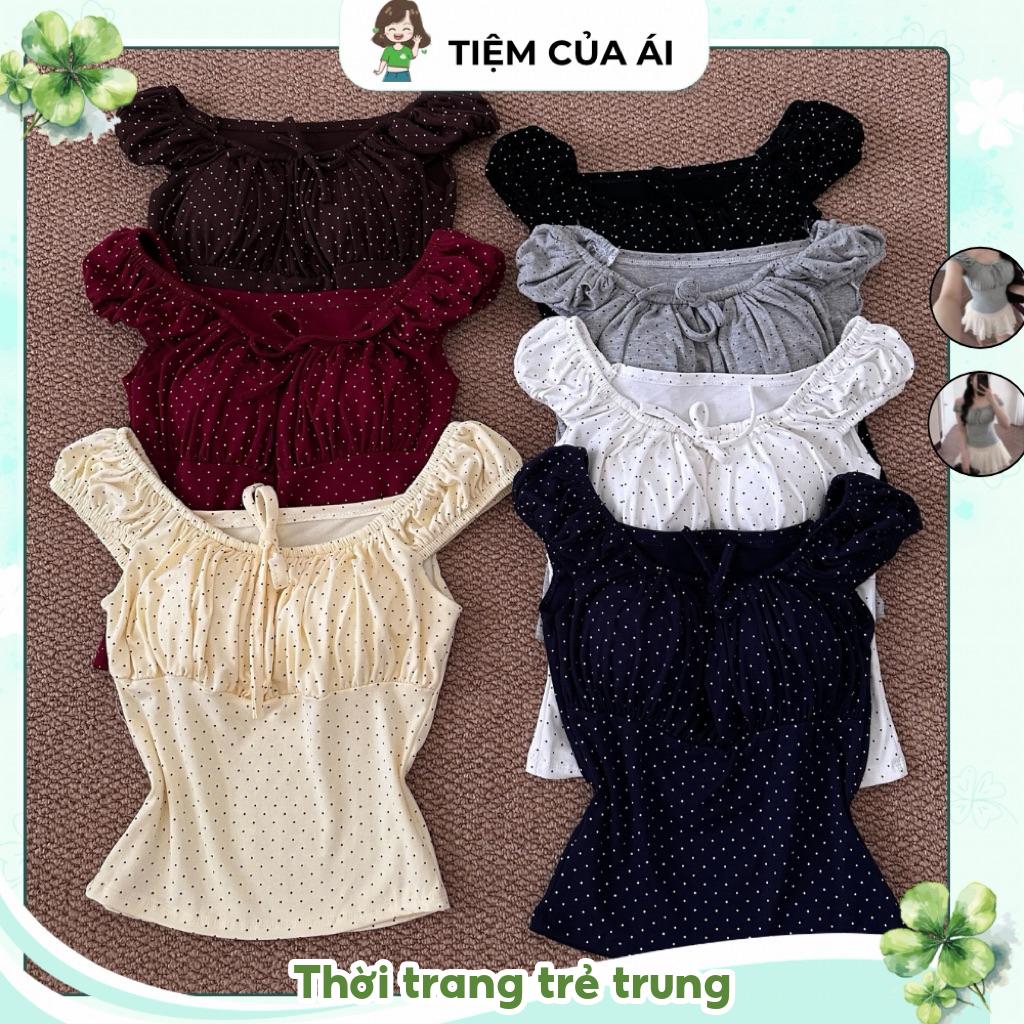 (Sẵn Mút) Áo Kiểu Nữ Trễ Vai Chấm Bi Nhuyễn Tay Bồng Bo Chun Ôm Dáng, Áo Nữ Đính Nơ Ngực