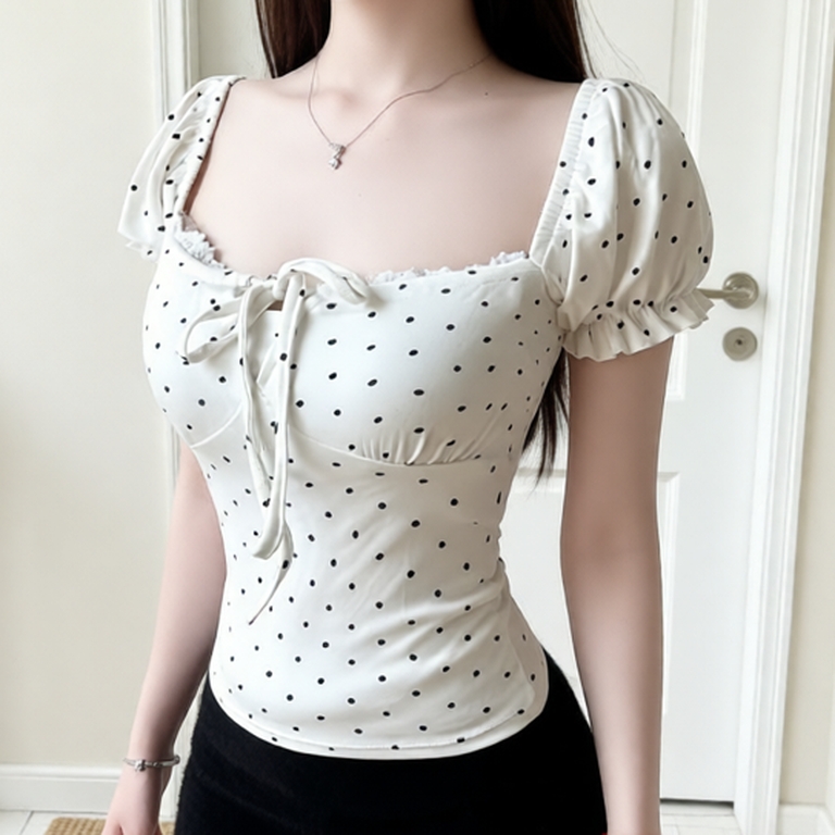 Áo thun nữ cổ vuông phối ren thắt nơ tay phồng xinh xắn vải Cotton mịn DAZZI Women A052