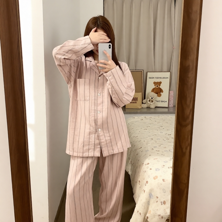MB-SET-012 Maybee.Homedress Bộ Ngủ Dài Tay Kẻ Sọc Lớn – Chất Đũi Mềm Mịn, Thanh Lịch, Thoải Mái