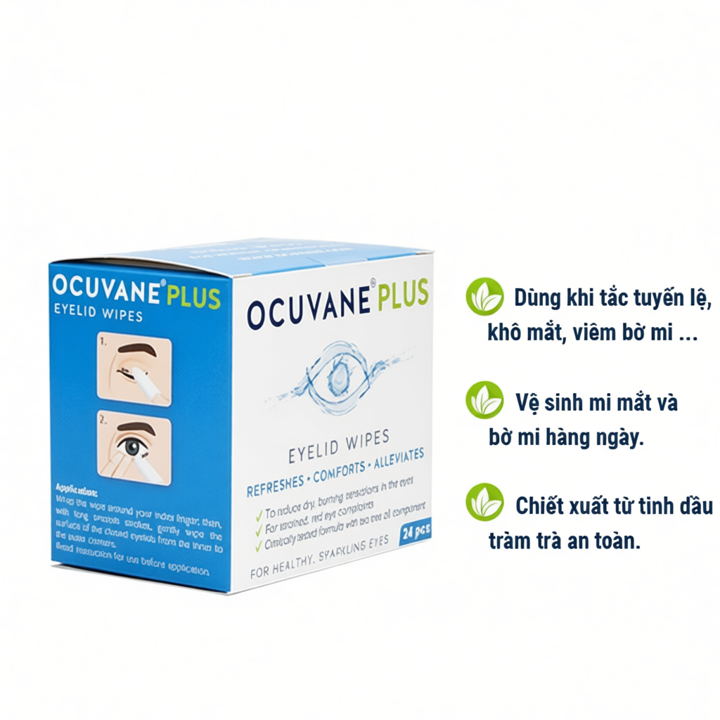 Gạc lau mi mắt Ocuvane Plus dùng cho viêm bờ mi, khô mắt, tắc tuyến lệ; vệ sinh mắt hàng ngày