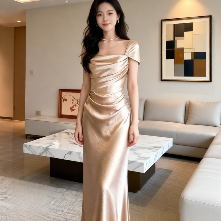 Đầm thiết kế trễ vai dáng dài chất lụa nhăn phối dây đan lưng - LỤA NHĂN