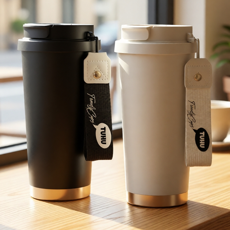 Ly giữ nhiệt khắc tên COFFEE 530ml, ly giữ nhiệt inox 316 phủ sứ kiểu dáng hiện đại có dây xách - TUHUHOUSE