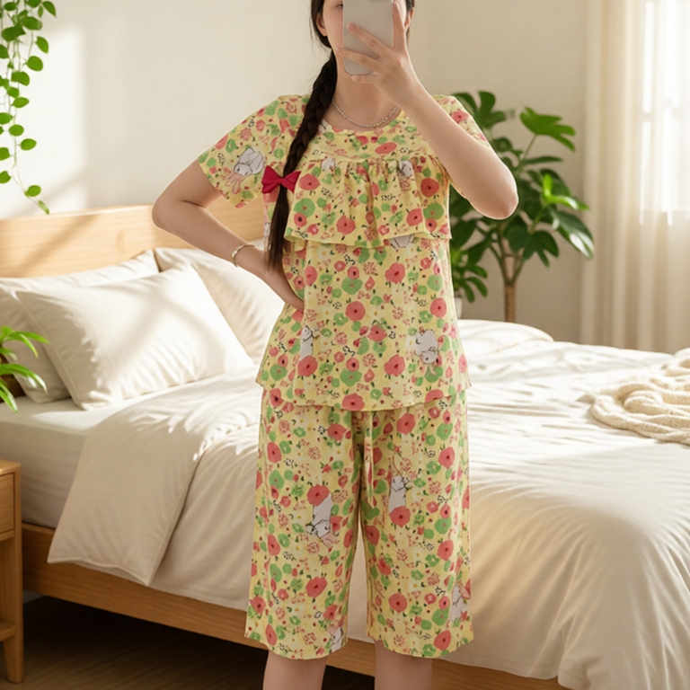 Đồ bộ tole, bộ lanh mặc nhà quần lửng, áo tay ngắn có bèo ngực SHOP5SAO (43-75kg)