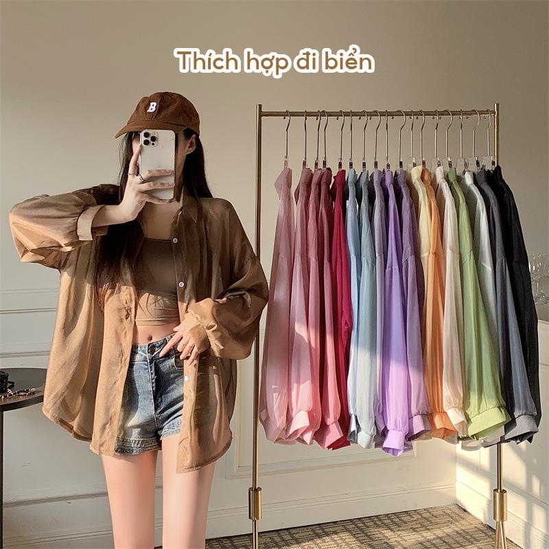 Áo sơ mi khoác ngoài mỏng đi biển oversize nhiều màu, Áo khoác đi biển voan tơ giấy trong suốt
