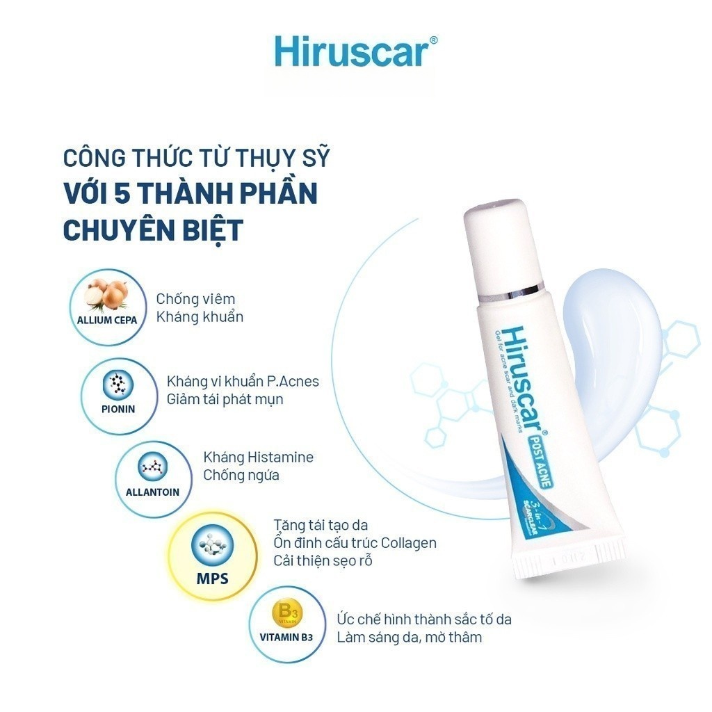 Gel làm mờ sẹo mụn và thâm mụn Hiruscar Post Acne 5g