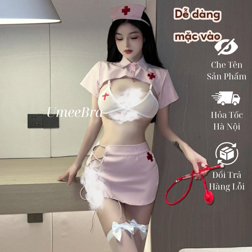 Đồ ngủ hóa trang nữ gợi cảm DN25 UMEE BRA, set y tá cosplay hồng phấn, váy ngủ cho nữ, đầm thức