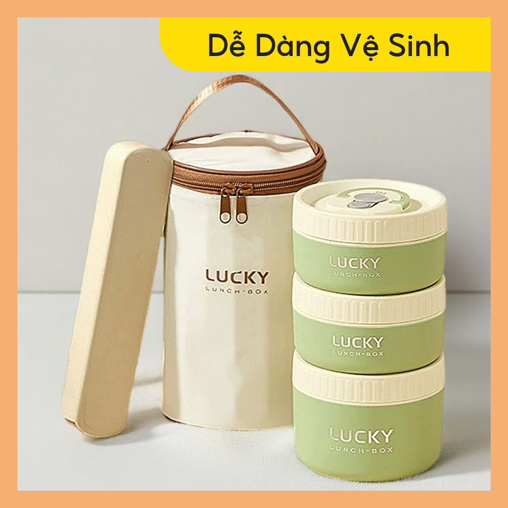 Hộp Đựng Cơm Giữ Nhiệt Lucky INOX 304 - Dung tích 1L - 2L Tặng kèm túi và Hộp dụng cụ ăn