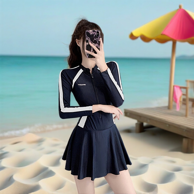 [K056] Đồ bơi nữ dài tay SWIMY chất liệu cao cấp, bikini nữ đi bơi, đi biển dáng váy kèm quần bảo hộ