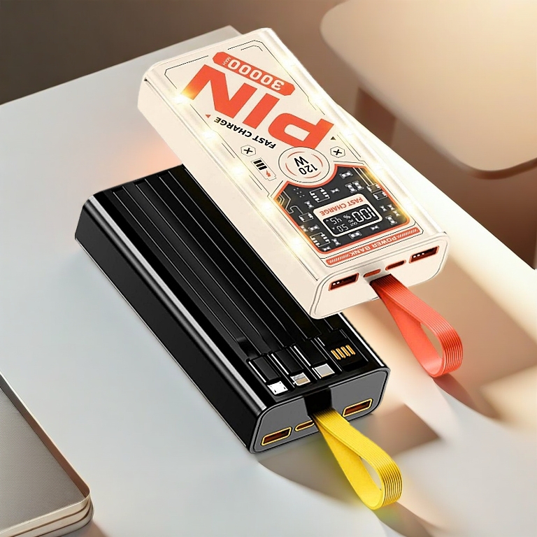Sạc dự phòng 30.000 50.000 sạc nhanh PD20W trong suốt tích hợp 4 dây sạc tích hợp đèn led chiếu sáng