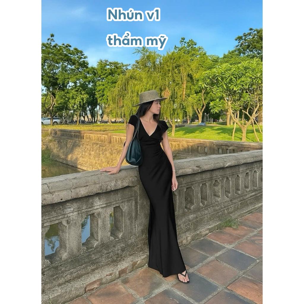ĐẦM LỤA  có tay, nhún v1, có khóa kéo bên hông, dáng đuôi cá nhẹ, vải lụa tô châu ( Mã 7480 )