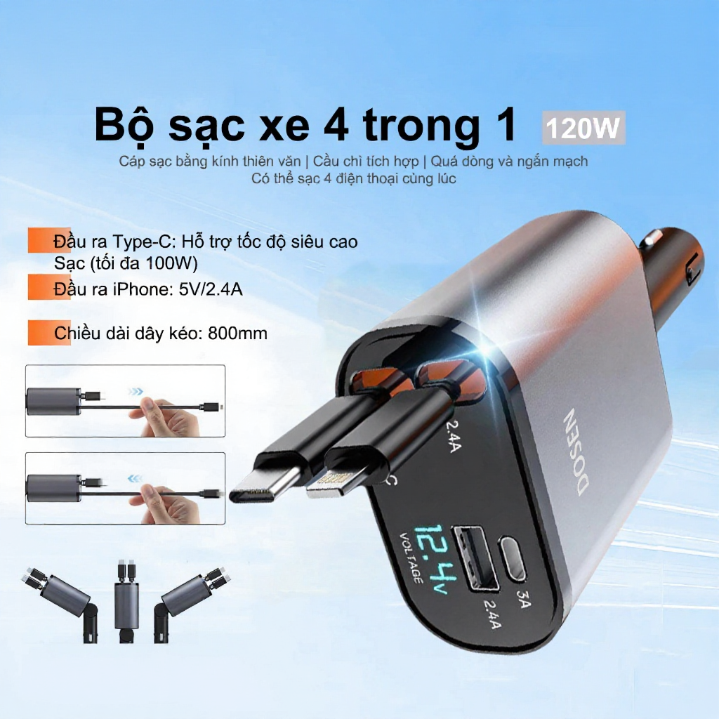 Tẩu Sạc Ô Tô Dosen 4 trong 1 Sạc Nhanh 120W, 66W Dữ Liệu