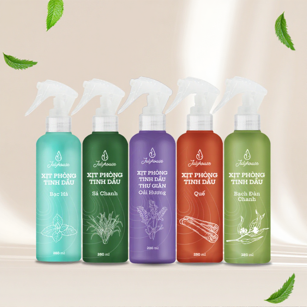 Bình xịt phòng JULYHOUSE 280ml tinh dầu Sả Chanh, Bạc Hà, Bạch đàn chanh, Quế, Oải hương thơm phòng khử mùi hiệu quả