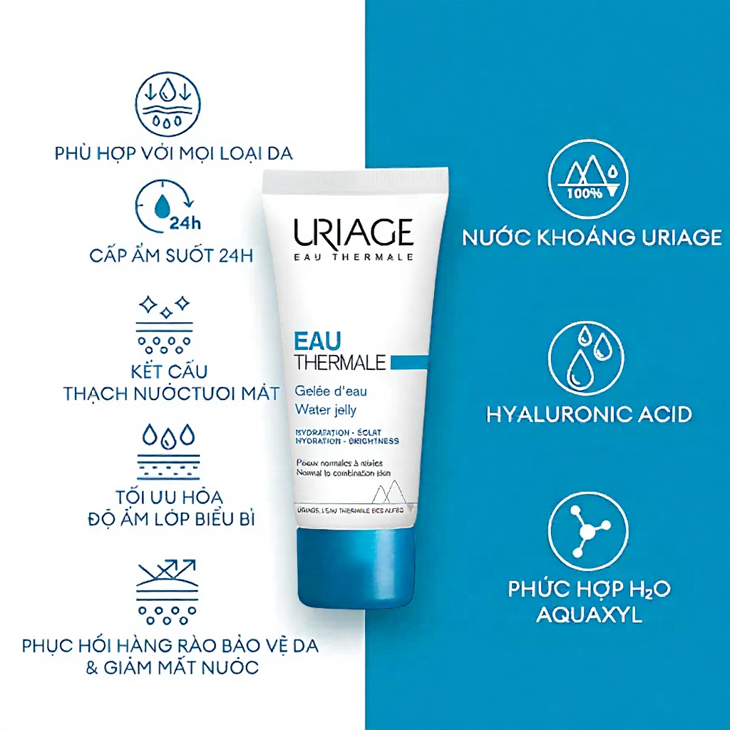 Kem Dưỡng Ẩm Khoáng Uriage Water Jelly 40ml - Dưỡng Da Mềm Mại, Cấp Ẩm Sâu, Làm Mát Da Nhanh Chóng