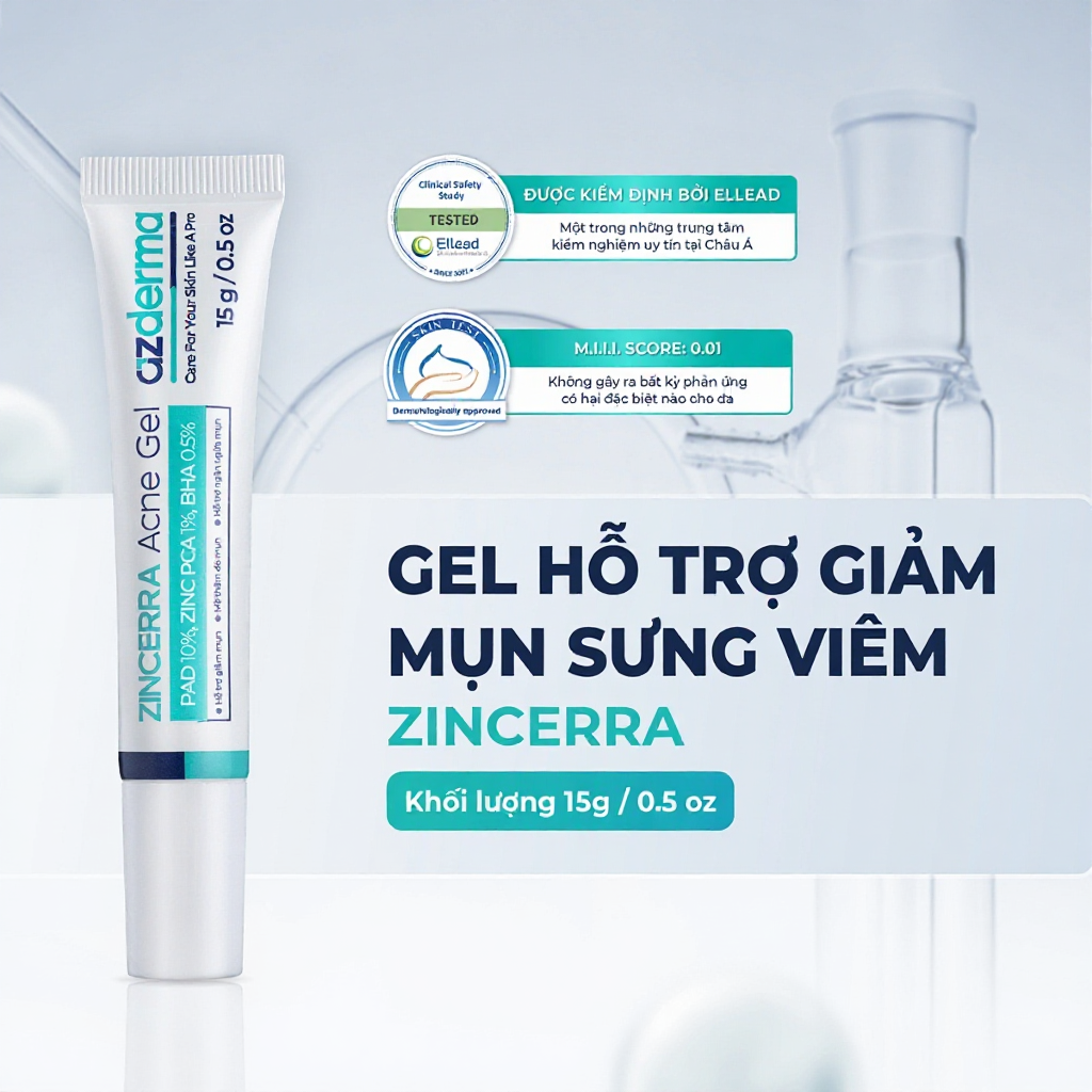 Gel hỗ trợ giảm mụn sưng viêm Azderma Zincerra Acne Gel 15g, hỗ trợ gom cồi mụn,giảm sưng đau,ngăn n