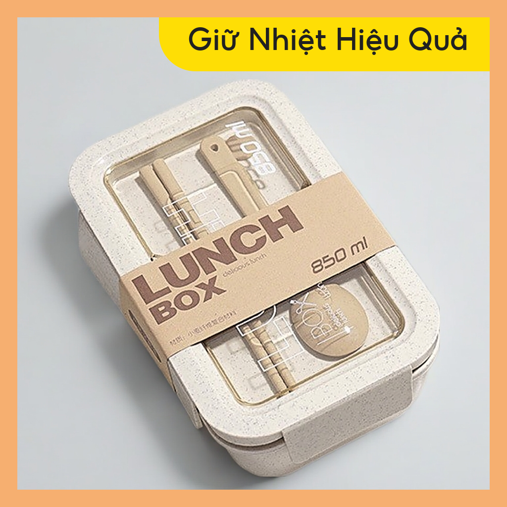 [THANH LÝ] Hộp Cơm Đựng Giữ Nhiệt Lúa Mạch 2 Ngăn Lunch Box Tặng Kèm Bộ Đũa Thìa