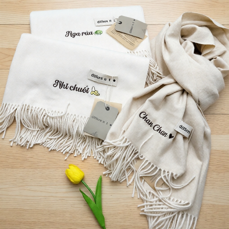 Khăn len choàng cổ nam nữ thêu tên theo yêu cầu, khăn len dạ lông cừu cao cấp Cashmere