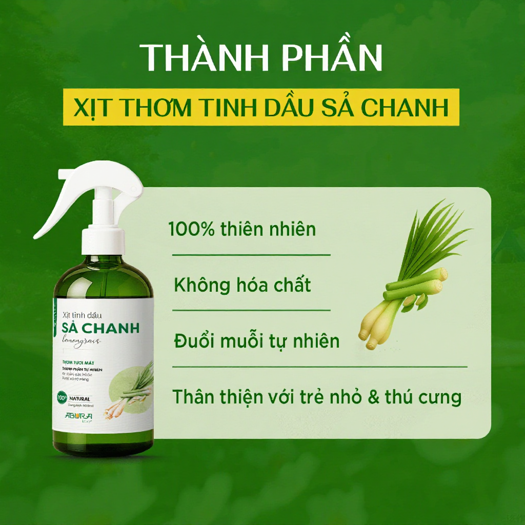 Chai Xịt Tinh Dầu Sả Chanh Thơm Phòng-Đuổi Muỗi-Khử Mùi-Nguyên Chất ABURA 100ml/300ml/500ml Xông Phòng An Toàn