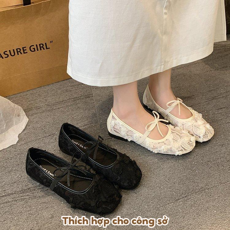 [LÙI 1 SIZE] Giày Bệt Ren Hoa Hồng thêu nổi 5D Tiểu thư - Giày búp bê đế dẻo gắn nơ xinh xắn Mã V037