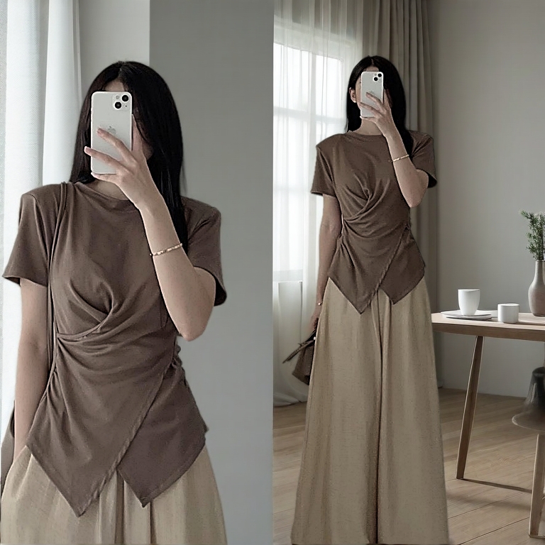 Áo thun nữ cộc tay nhún eo vạt chéo xoắn Eo Cổ Tròn CaMa Store M1176