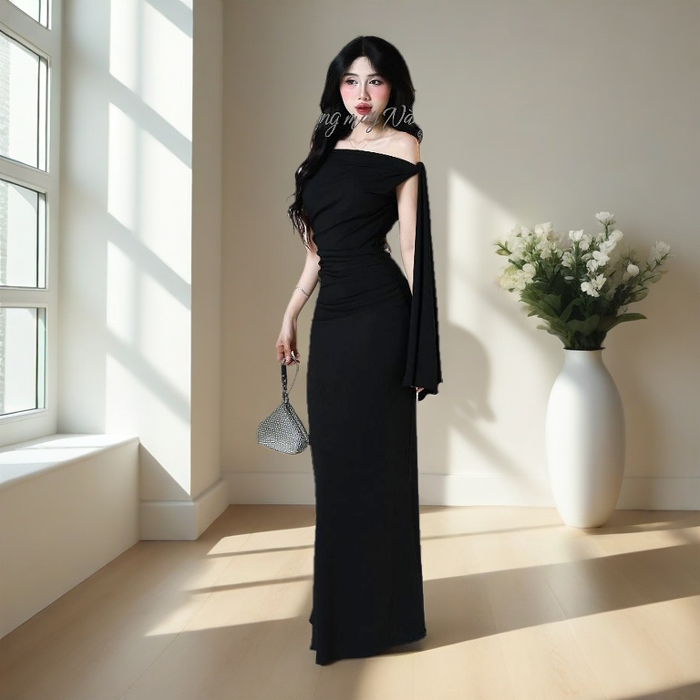316 Đầm Che Khuyết Điểm Cột Dây Vai Dáng Body Dài Chất Gân Trung Giãn Dress Nữ