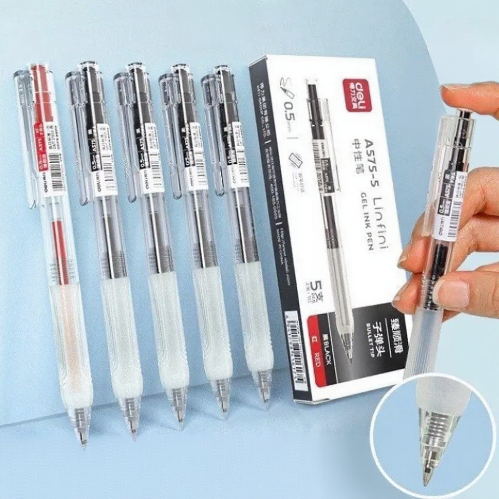 [NÂNG CẤP 2025] Bút Bi Nước Deli Viết Gel Bấm A575 Ngòi 0.5mm Mực Xanh Đen Đỏ Trơn Tru Học Sinh Văn 