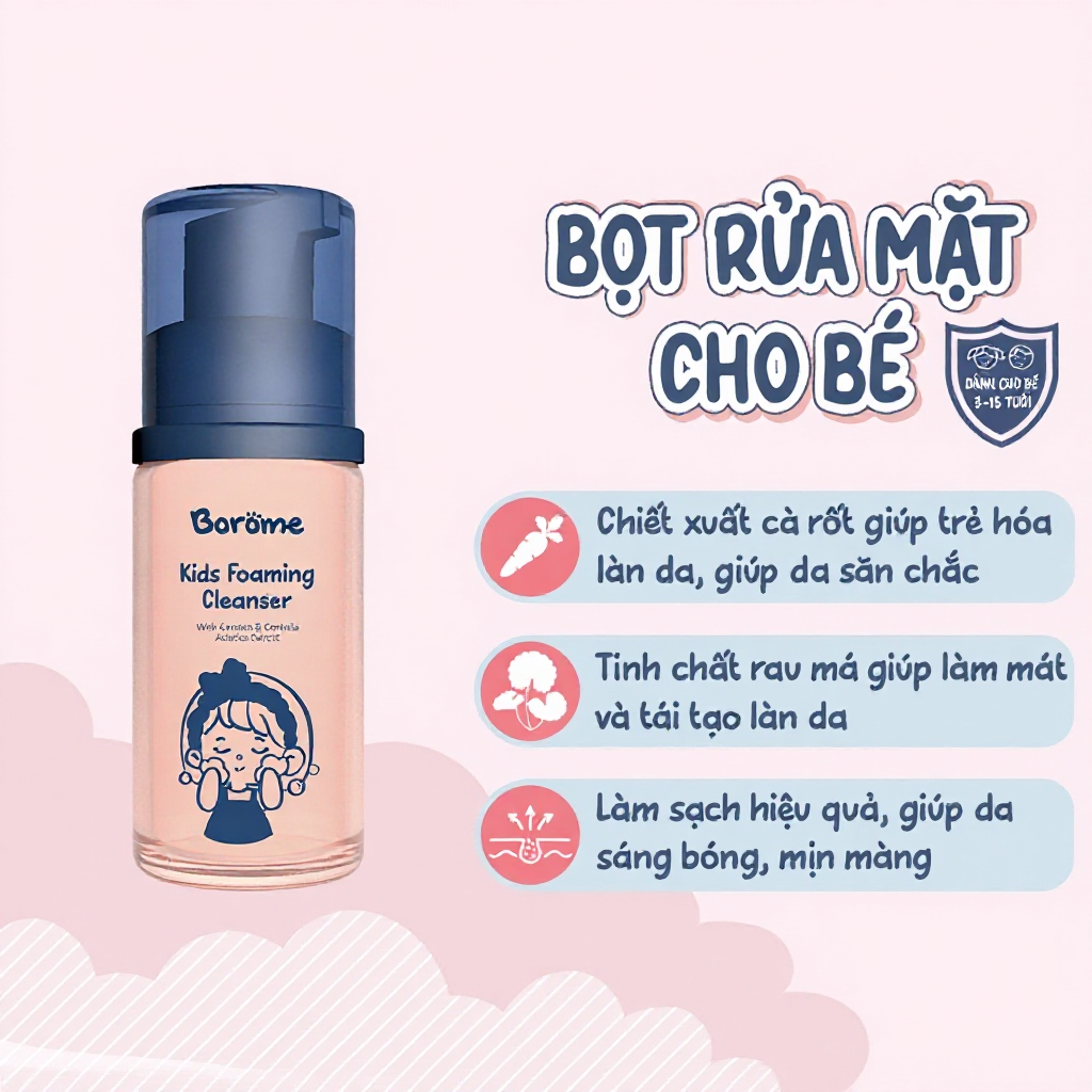 Bọt rửa mặt cho bé Borome 100ml chiết xuất cà rốt giúp dưỡng ẩm, làm sạch da, loại bỏ bụi bẩn