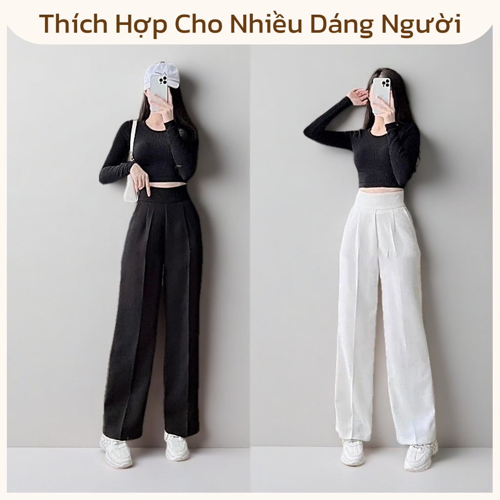 Quần ống suông nữ cạp cao culottes khoá sườn dáng dài vải tuyết mưa