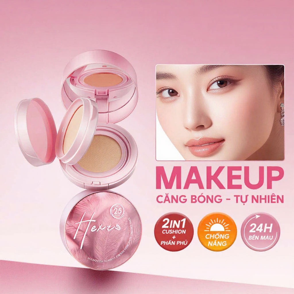 Cushion chống nắng dưỡng ẩm kèm phấn phủ 2 in1 HEXZE Spf25 PA+++, cố định lớp makeup hoàn hảo