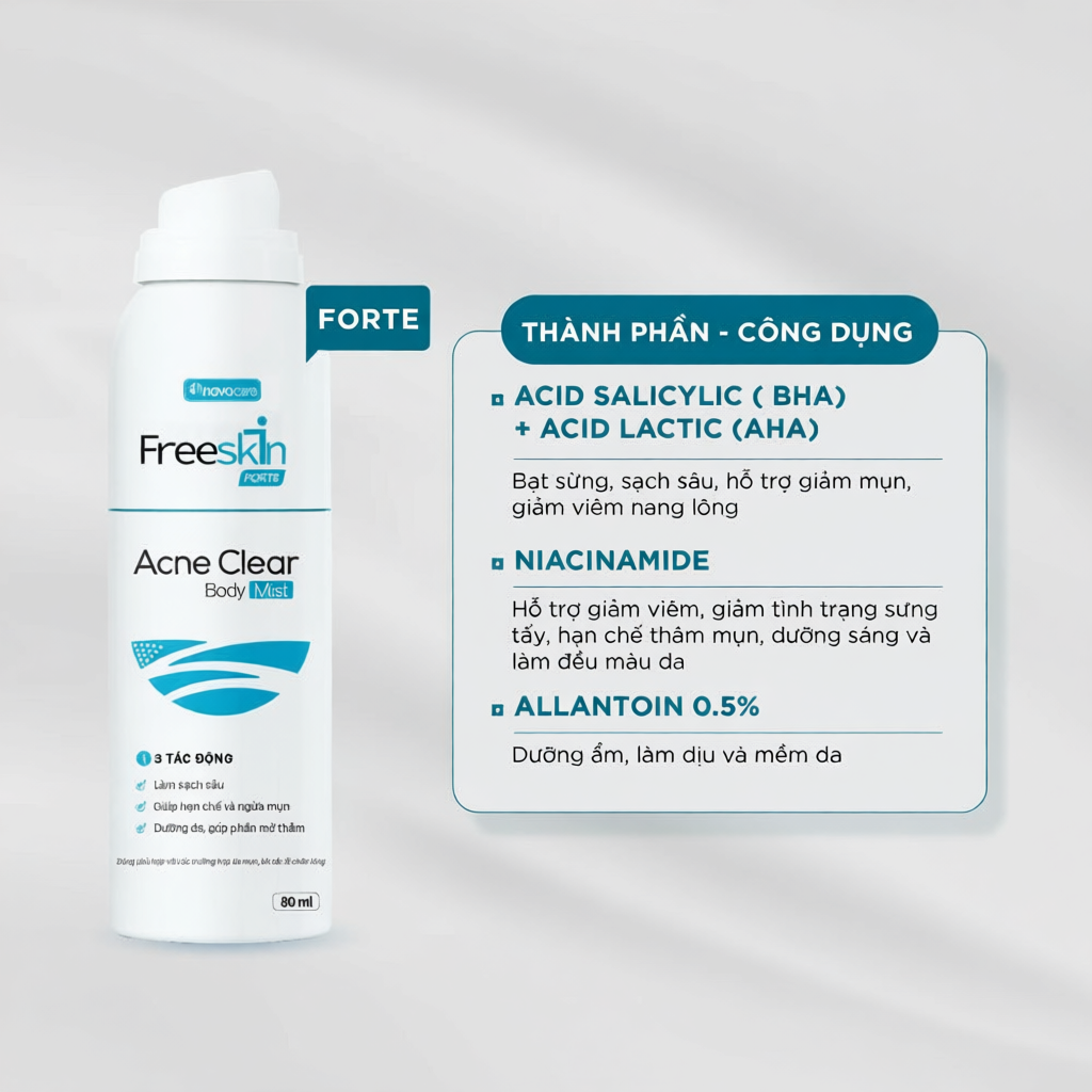 Xịt mụn Novocare - Freeskin Forte - Acne Clear Body Mist 80ml