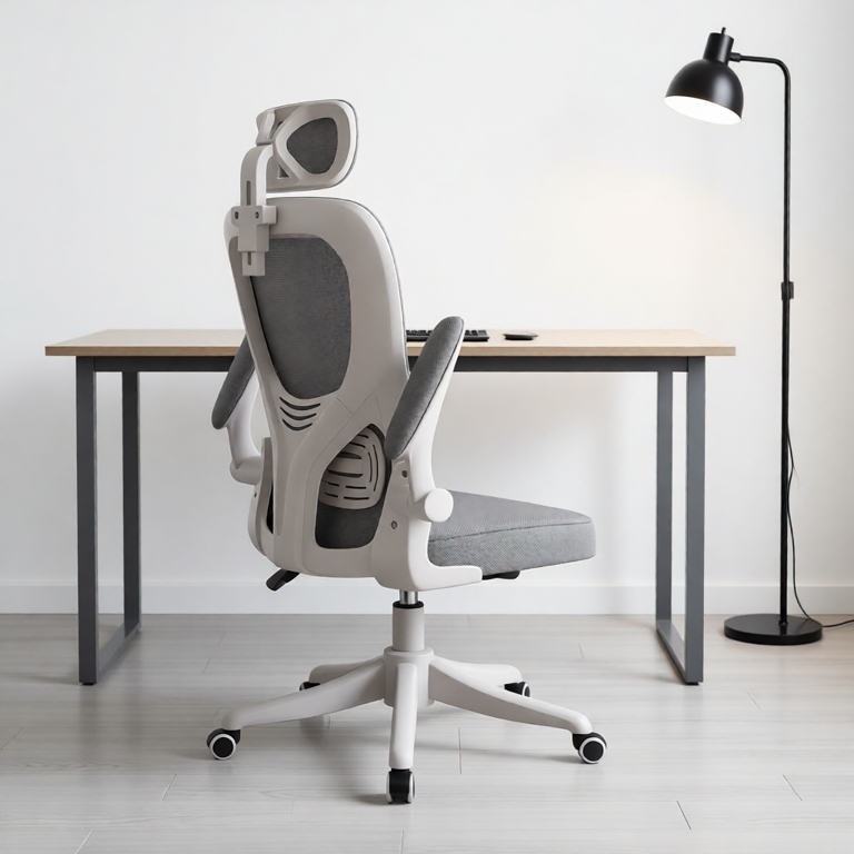 Ghế công thái học Tựa đầu 3D đệm lưng đàn hồi Lưới trắng đen thoáng khí Xoay 360 độ nâng hạ