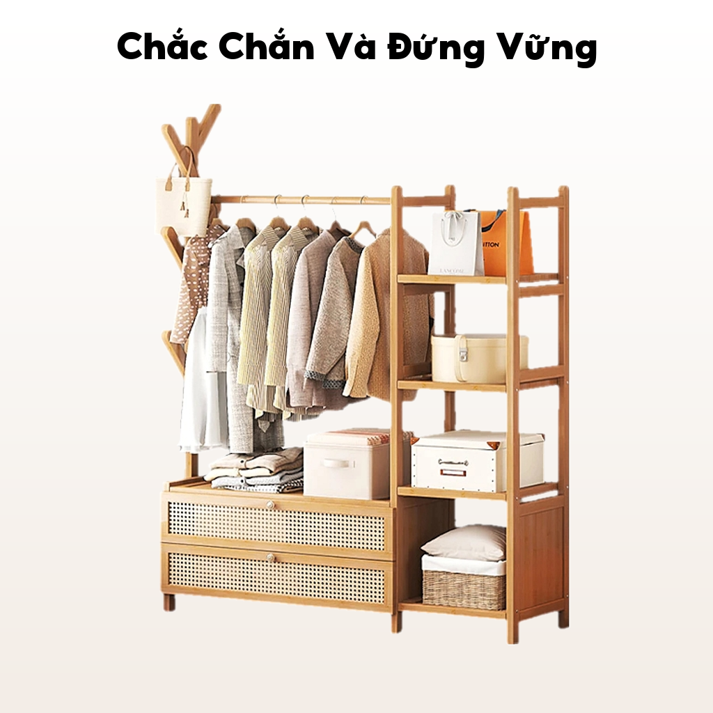 LACCOHUG Giá treo quần áo Móc treo đồ bằng tre đơn giản tích hợp ngăn kéo đa năng tiết kiệm