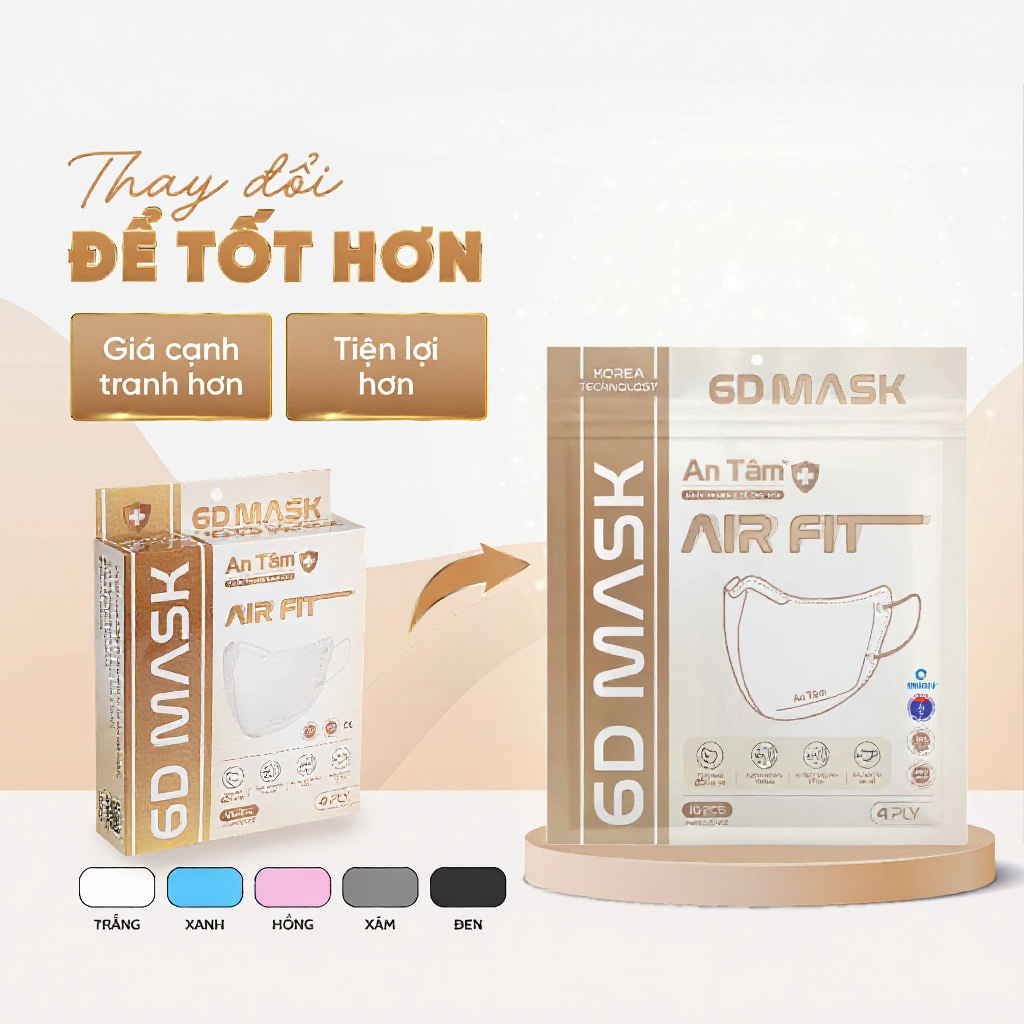 Khẩu trang 6D An Tâm chính hãng 4 lớp kháng khuẩn, công nghệ Hàn Quốc