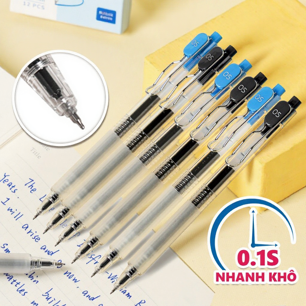 Bút Gel Bấm Khô Nhanh Deli Ngòi ST 0.5mm - Mực Đều Viết Đẹp Có Nắp Cài Dành Cho Học Sinh, Văn Phòng 
