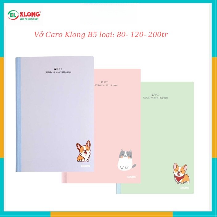 Vở Klong caro B5 80 trang,120 trang,200 trang caro may dán gáy bìa màu Pastel, sổ Klong MS 834,835,8