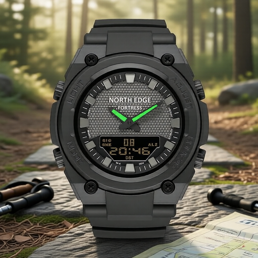 Đồng hồ kỹ thuật số nam NORTH EDGE, mặt 46mm, vỏ chắc chắn, chống nước 50M, hiển thị kép có kim dạ q