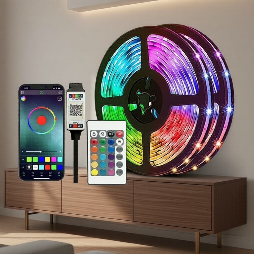 Dải đèn LED RGBIC Music Sync dài 5 mét, có thể cắt 40 mét, đổi màu trang trí trong nhà với hiệu ứng 