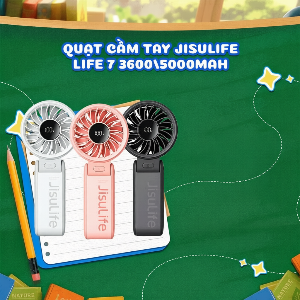 Quạt Cầm Tay Mini JISULIFE Life 7 5 Cấp Gió Màn Hình LED Gập 150 Độ 3600/5000mAh