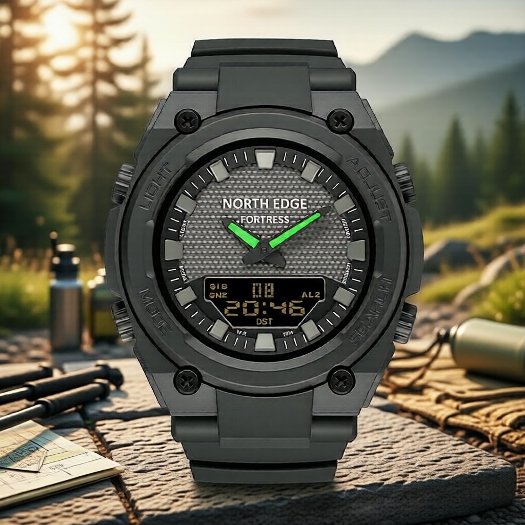 Đồng hồ kỹ thuật số nam NORTH EDGE FORTRESS 46mm: Chống nước 50M, vỏ chống sốc, hiển thị kép, kim dạ