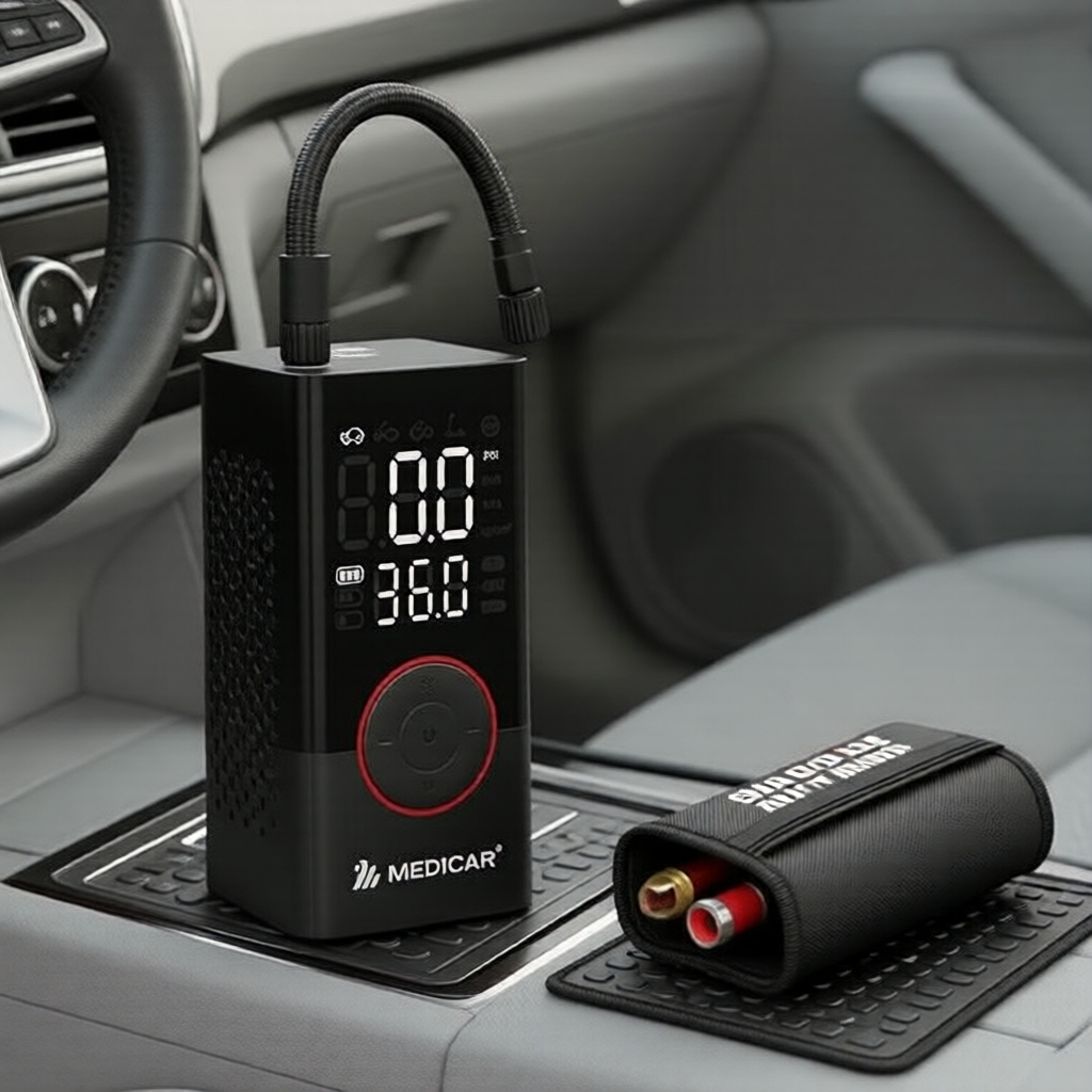 Máy bơm lốp xe hơi, xe máy không dây Medicar 6.000mAh