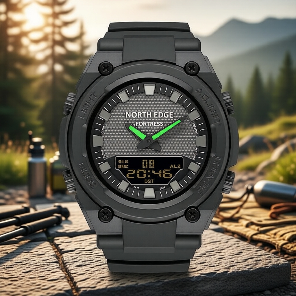Đồng hồ kỹ thuật số nam NORTH EDGE FORTRESS 46mm, chống nước 50M, vỏ chống sốc, màn hình kép, kim dạ
