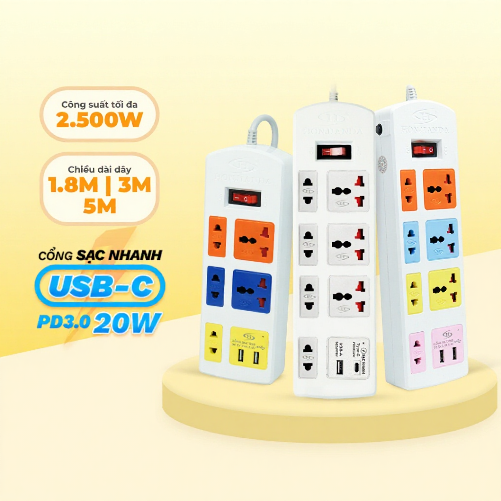 Ổ Cắm Điện Đa Năng HONJIANDA Sạc Nhanh Type-C USB PD20W, Chịu Tải 2500W, Cầu Chì Tự Ngắt