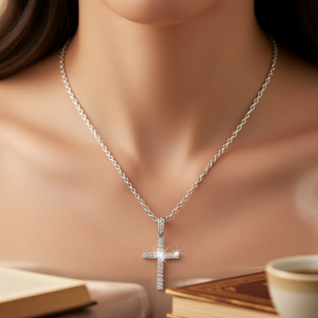 1 dây chuyền bạc Bahia dây thừng, mặt thánh giá đính đá rhinestone lấp lánh cho nữ