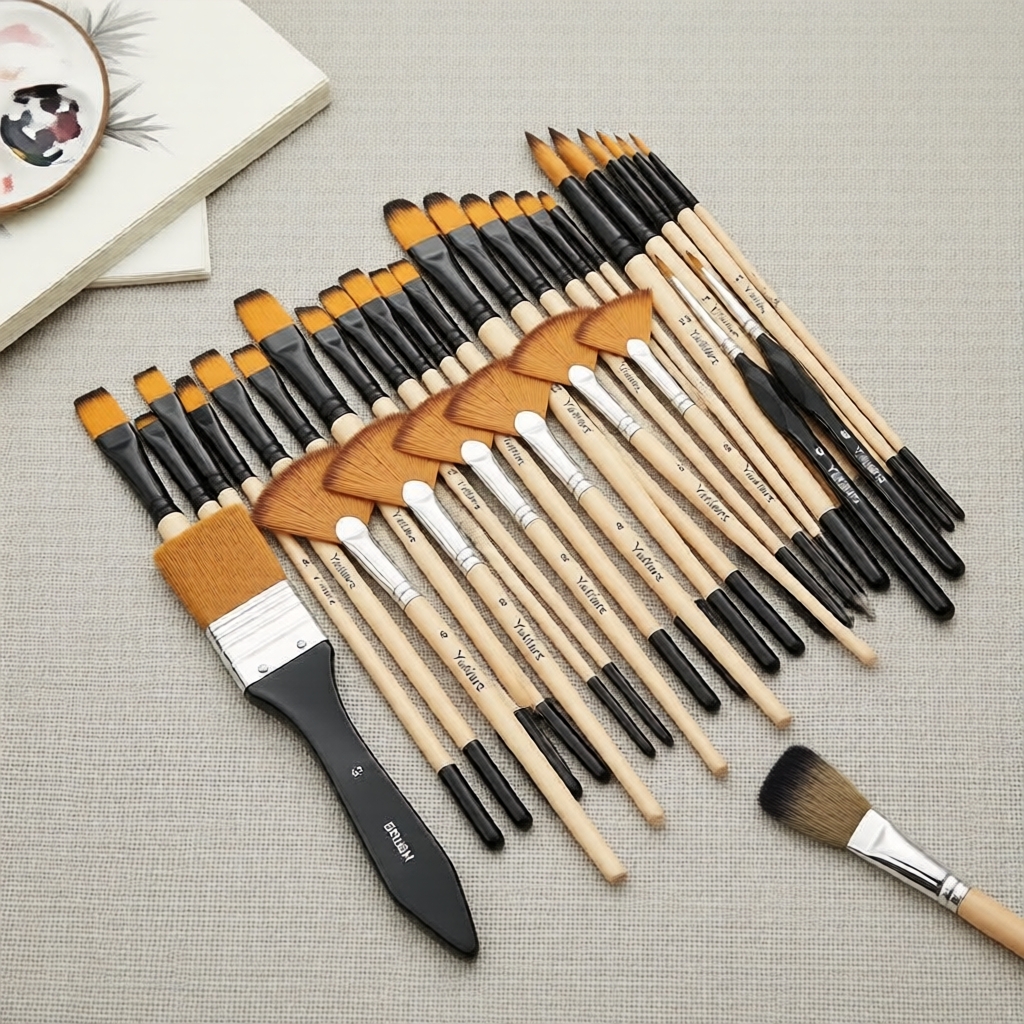 Bộ 32 Cọ Nylon Nghệ Sĩ: Cọ Tròn, Cọ Filbert, Cọ Phẳng, Cọ Quạt, Cọ Góc & Cọ Chi Tiết cho Sơn Acrylic